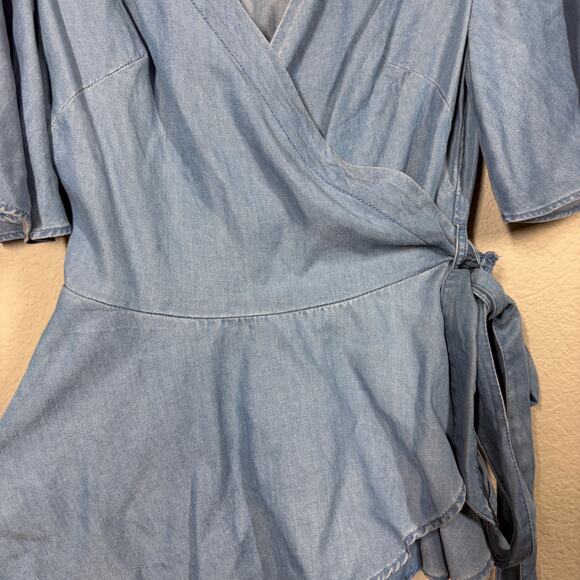 Loft Size XS Wrap Chambray Top Blouse Blue Belted V Neck Flared Sleeves - Picture 5 of 10